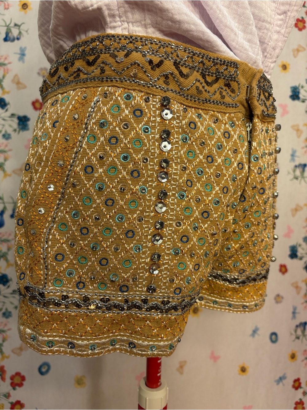Freeway - Mustard Embroidered Shorts w/ Mirror Accents Festival Boho Glam Party